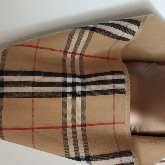 Shawl Cape Blanket Cashmere Wool Tan Blk Plaid Reversible Pockets Sorvano Italy - Picture 7 of 15